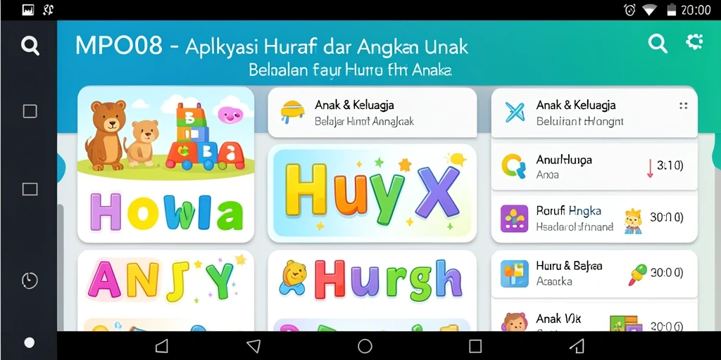 Tampilan antarmuka aplikasi MPO08 yang ceria dan interaktif untuk belajar huruf dan angka.